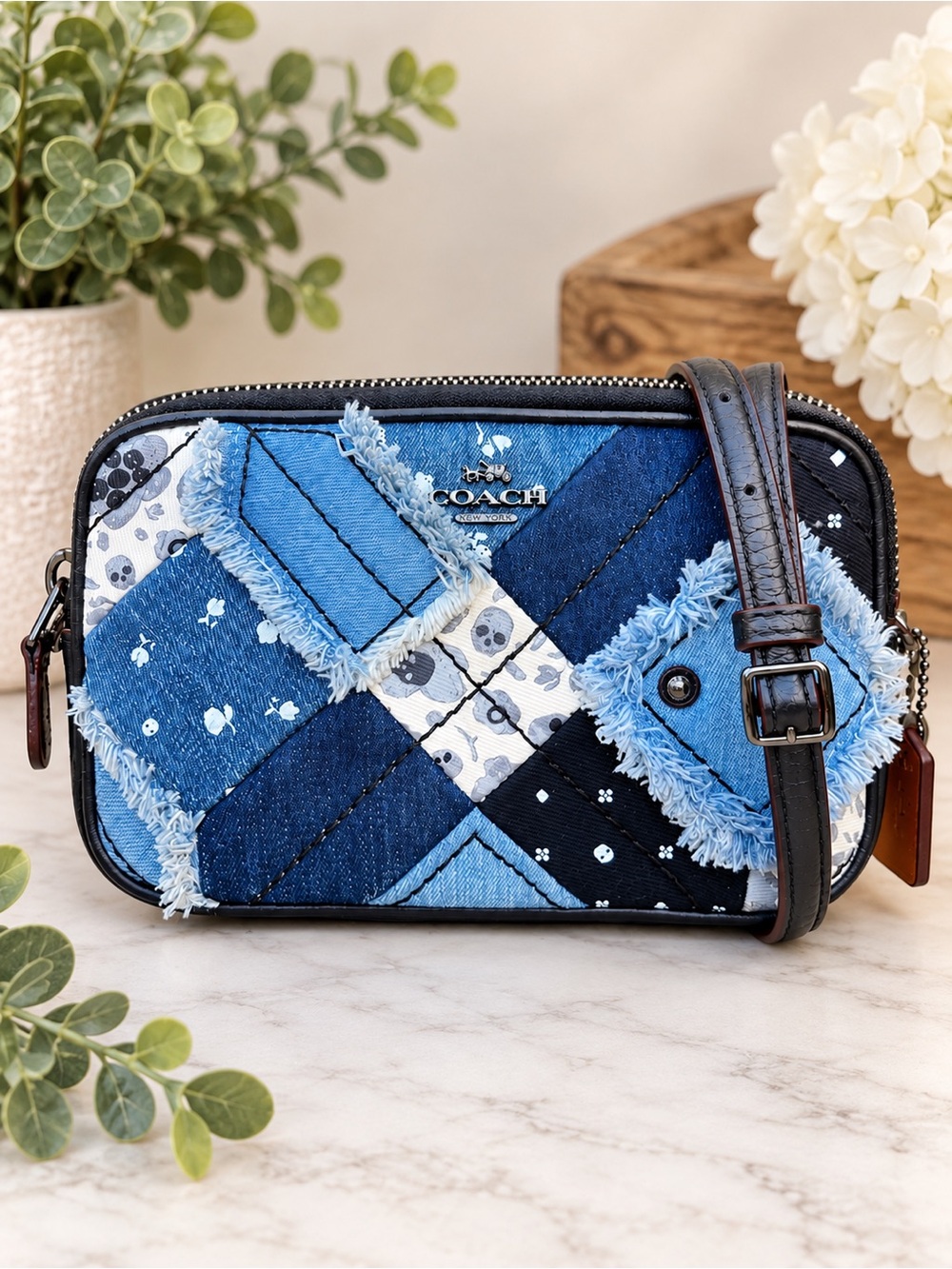 Coach Canyon Quilt Denim Patchwork Crossbody Clutch Nag Skull Floral 65723 EUC